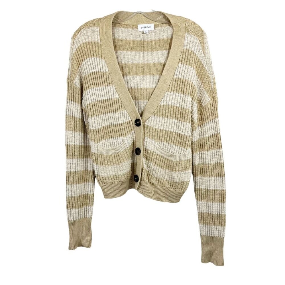 Evereve Kiki Cardigan Sweater Tan Striped V-Neck Button Front - Size Small